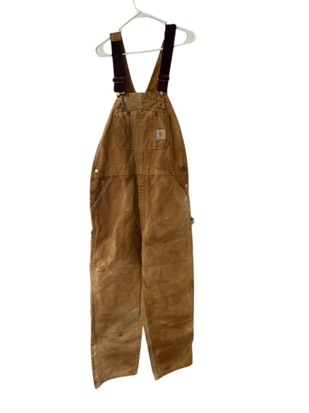 Carhartt Brown Duck Canvas Bib Overalls with Dark Straps double knee 38x34